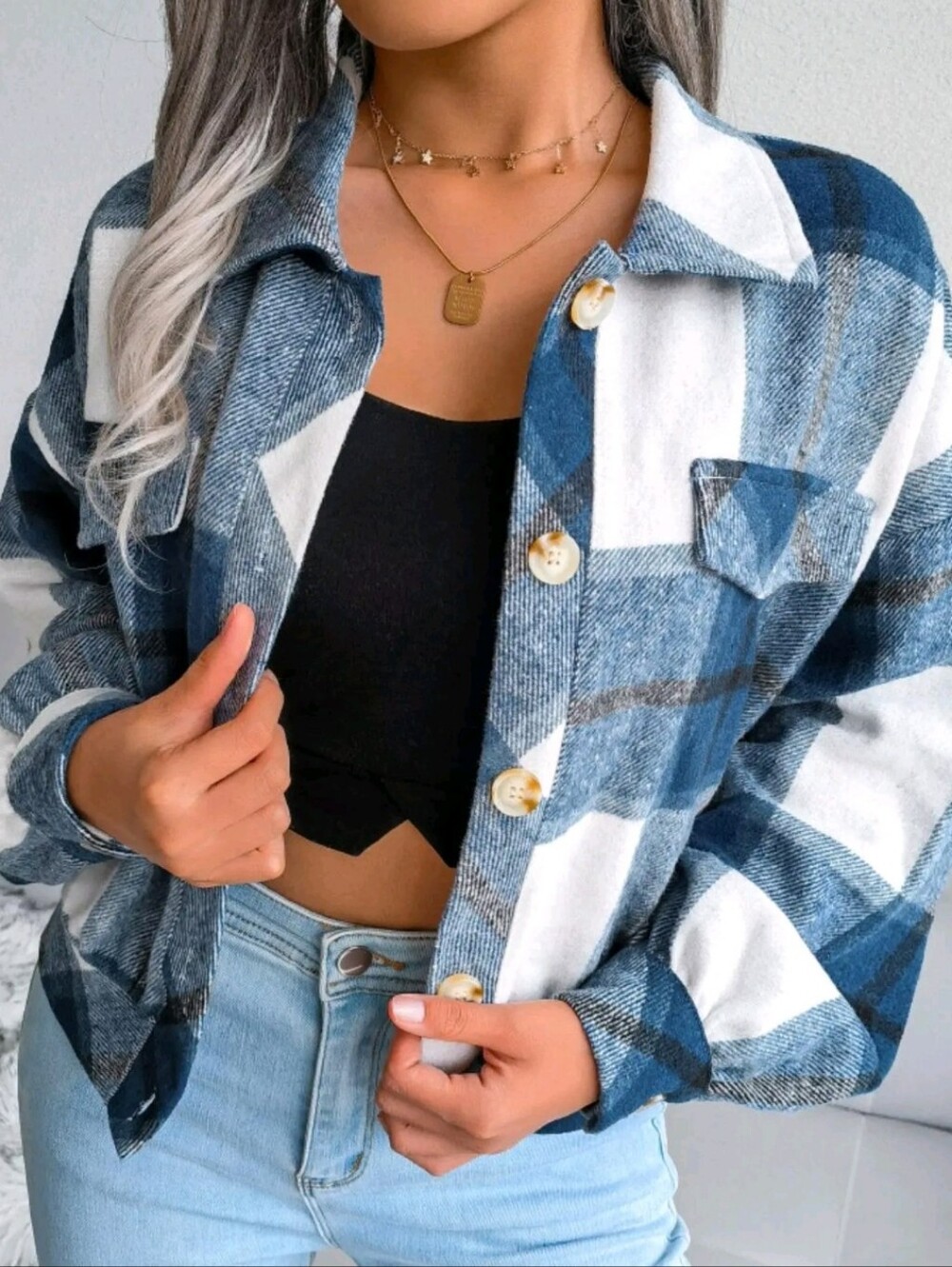 Blue and White Plaid Button-Up